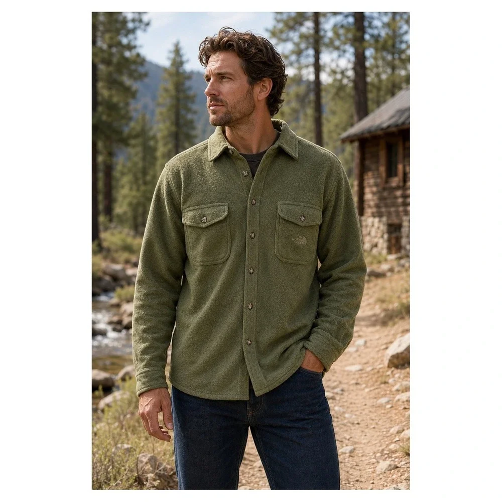 The North Face Fleece Shirt Jacket Mens Medium Green Button Front Shacket